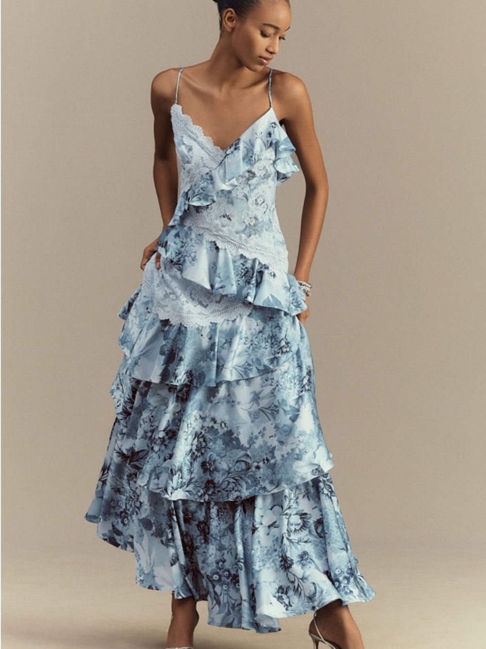 Anthropologie BHLDN Elora Blue Floral Ruffled Lace Maxi Dress